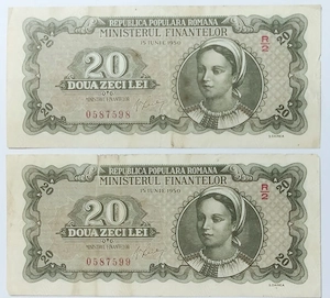 2 Bancnote 20 LEI 1950 - Republica Populară Română BNR