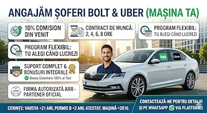 Angajăm Șoferi Bolt & Uber (cu Mașina Ta) | Comision 10% | Carte de Muncă
