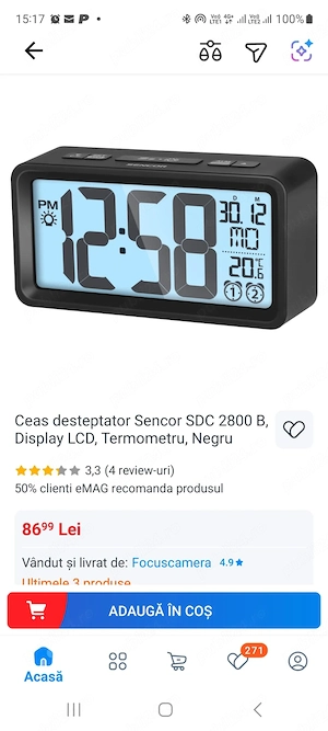 Vand Ceas desteptator Sencor SDC 2800 B, Display LCD, Termometru, Negru, Nou, 50 Lei - imagine 3