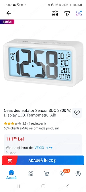Vand Ceas desteptator Sencor SDC 2800 W, Display LCD, Termometru, Alb, Nou, 50 Lei - imagine 4
