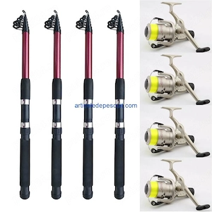 Set   4 lansete telescopice de 3,60 m + 4 mulinete, cu 5 rulm. si 150 m fir pe tambur   produse noi