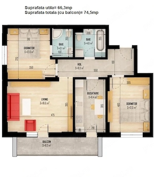 Inchiriez apartament 3 camere, decomandat, 2 bai, mobilat ,Bloc (2024)
