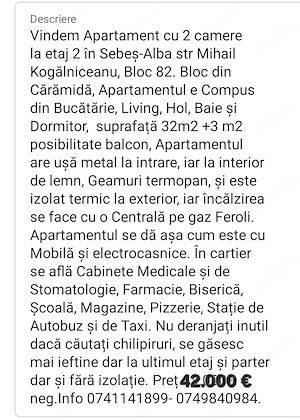 Vindem Apartament Sebeș-Alba, m.kog etj.2, 35m2 Preț 42.000 Euro neg  - imagine 2