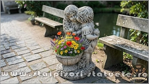 Statuetă copilași cu vază, gri patinat, model S45. - imagine 4