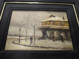 Peisaj urban de iarna - ulei pe carton cu ramă de lemn