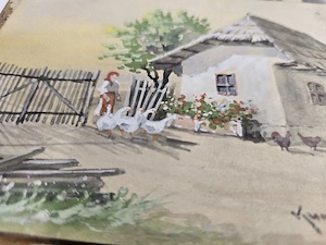 Set acuarele "Peisaje rustice" cu rame vechi din lemn ornat