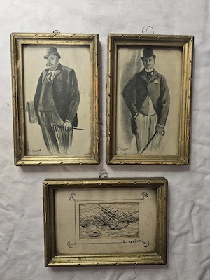 Set imagini vintage, 2 schițe și o gravură marină, rame aurite