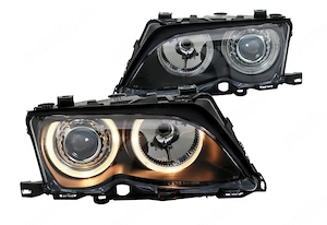 Far faruri BMW E46 FL Angel Eyes negru cu lupa NOU