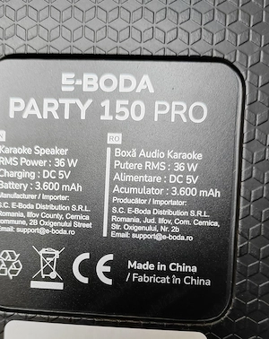 Boxa portabila E-boda Party 150 Pro, model Nou, 36 W