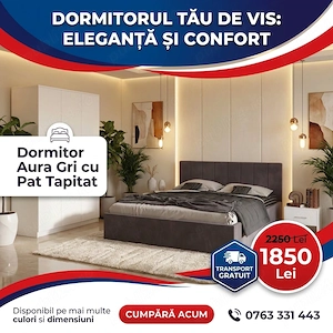 Dormitor Aura Gri cu Pat Tapitat Disponibil acum Colecție modernă