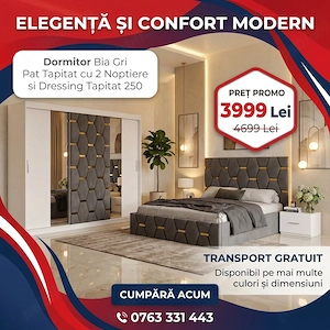 Dormitor Bia Gri Pat Tapitat cu 2 Noptiere si Dressing Tapitat 250 Livrare rapidă Profită de acum mo