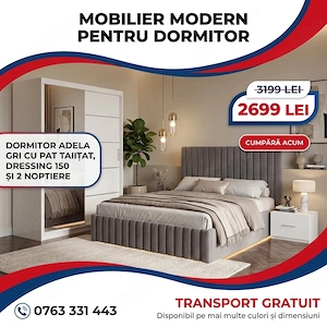 Dormitor Adela Gri Cu Pat Tapitat Dressing 150 Si 2 Noptiere Transport oriunde în România Model eleg