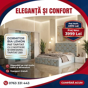 Dormitor Bia Lemon Pat Tapitat cu 2 Noptiere si Dressing Tapitat 250 Transport rapid Set dormitor co