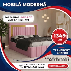 Pat Tapitat Loris Roz Catifea Premium Stoc limitat Promoție dormitoare