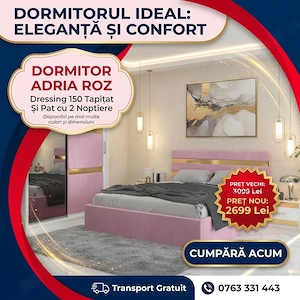 Dormitor Adria Roz Dressing 150 Tapitat Si Pat cu 2 Noptiere Stoc limitat Model premium