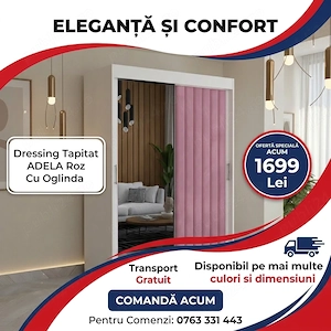 Dressing Tapitat ADELA Roz Cu Oglinda Livrare în toată țara Dormitor premium promoție