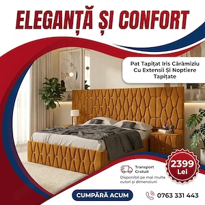 Pat Tapitat Iris Caramiziu Cu Extensii Si Noptiere Tapitate Contactează-ne Alege acum seturi dormito