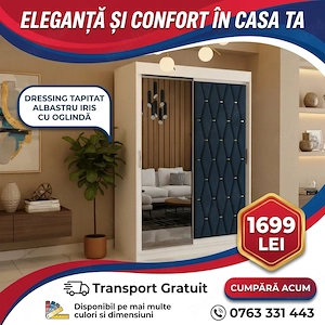 Dressing Tapitat Albastru Iris Cu Oglinda  Materiale de calitate Reduceri mobilă dormitor
