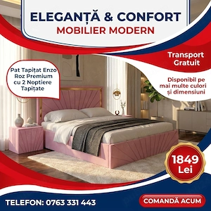 Pat Tapitat Enzo Roz Premium Cu 2 Noptiere Tapitate  Calitate premium Dormitor modern preț avantajos