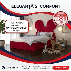 Pat Tapitat Serena cu Catifea Premium Rosu Model popular Set dormitor complet preț bun