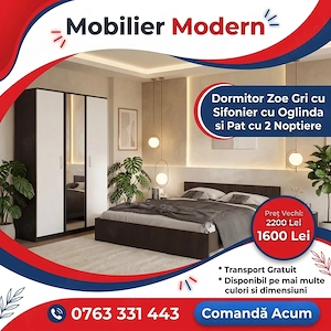 Dormitor Zoe Gri cu Sifonier cu Oglinda si Pat cu 2 Noptiere Disponibil acum Profită de astăzi mobil