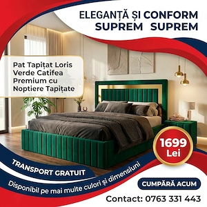 Pat Tapitat Loris Verde Catifea Premium cu Noptiere Tapitate  Materiale de calitate Reduceri dormito