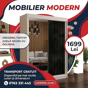 Dressing Tapitat ADELA Negru Cu Oglinda Transport oriunde în România Promoție mobilier dormitor