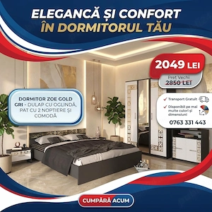 Dormitor Zoe Gold Gri Dulap cu Oglinda Pat cu 2 noptiere si Comoda  Model elegant Variantă elegantă