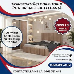 Dormitor Adela Crem cu Dressing Tapitat Stoc limitat Variantă premium