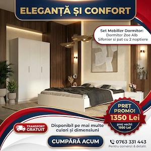 Dormitor Zoe Alb Sifonier si pat cu 2 noptiere  Model elegant Descoperă acum mobilă pentru dormitor