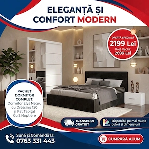 Dormitor Elys Negru cu Dressing 150 si Pat Tapitat Cu 2 Noptiere  Calitate premium Model modernă