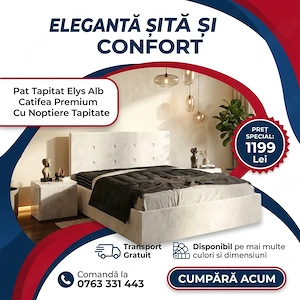 Pat Tapitat Elys Alb Catifea Premium Cu Noptiere Tapitate Comandă acum Promoție mobilă dormitor