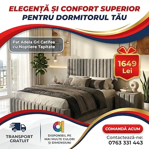 Pat Adela Gri Catifea Premium cu Noptiere Tapitate Stoc limitat Colecție premium