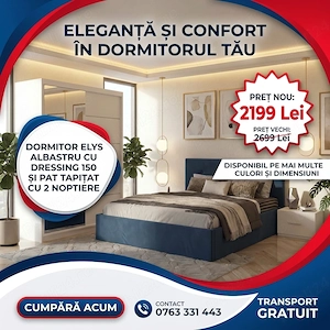 Dormitor Elys Albastru cu Dressing 150 si Pat Tapitat Cu 2 Noptiere Transport oriunde în România Ofe