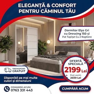 Dormitor Elys Gri cu Dressing 150 si Pat Tapitat Cu 2 Noptiere Scrie-ne pentru detalii Model premium