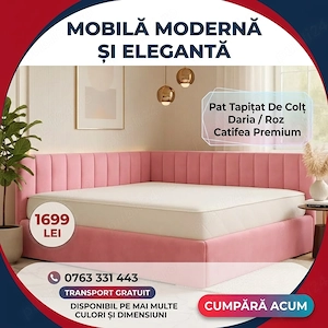 Pat Tapitat De Colt Daria Roz Catifea Premium Transport rapid Dormitor modern preț avantajos