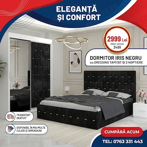 Dormitor Iris Negru cu Dressing Tapitat si 2 Noptiere Comandă acum Descoperă acum seturi dormitor co