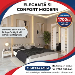 Dormitor Zoe Gold Alb Dulap Cu Oglinda si Pat cu 2 Noptiere Ofertă limitată Promoție dormitoare