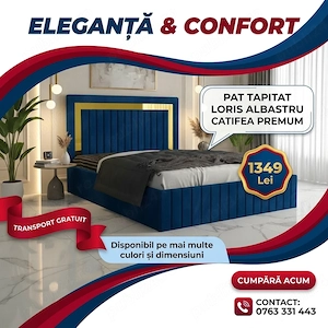 Pat Tapitat Loris Albastru Catifea Premium  Model elegant Mobilier pentru dormitor preț bun