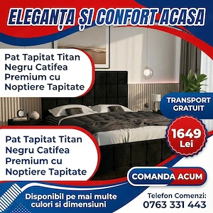 Pat Tapitat Titan Negru Catifea Premium cu Noptiere Tapitate  Calitate premium Promoție mobilier dor