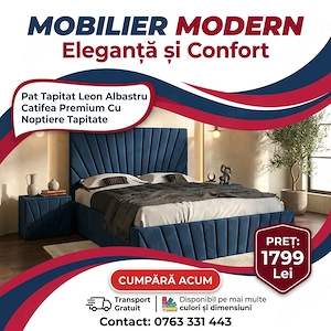 Pat Tapitat Leon Albastru Catifea Premium Cu Noptiere Tapitate Contactează-ne Model nouă