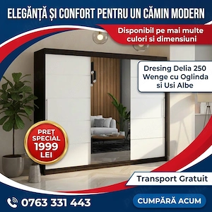 Dresing Delia 250 Wenge cu Oglinda si Usi Albe  Materiale de calitate Promoție mobilier dormitor