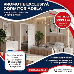 Dormitor Adela Crem Cu Pat Tapitat Dressing 150 Comoda Si 2 Noptiere  Model elegant Mobilă dormitor 