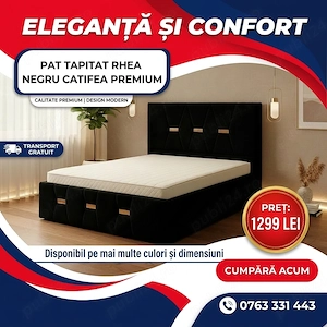 Pat Tapitat Rhea Negru Catifea Premium Ofertă limitată Oferte speciale mobilier dormitor