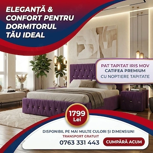 Pat Tapitat Iris Mov Catifea Premium cu Noptiere Tapitate Livrare în toată țara Variantă elegantă