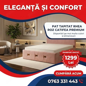 Pat Tapitat Rhea Roz Catifea Premium  Materiale de calitate Vezi rapid dormitoare moderne