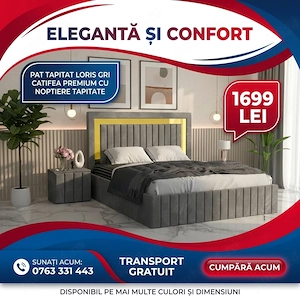 Pat Tapitat Loris Gri Catifea Premium cu Noptiere Tapitate Stoc limitat Profită de chiar azi mobilie