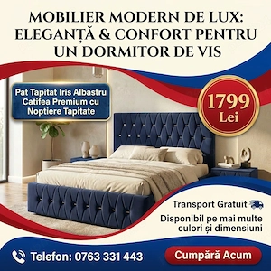 Pat Tapitat Iris Albastru Catifea Premium cu Noptiere Tapitate Livrare rapidă Model premium