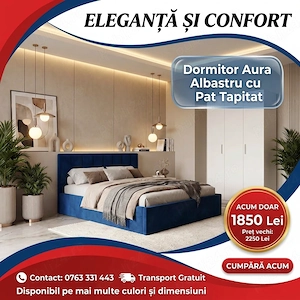 Dormitor Aura Albastru cu Pat Tapitat  Finisaje premium Dormitor premium preț bun