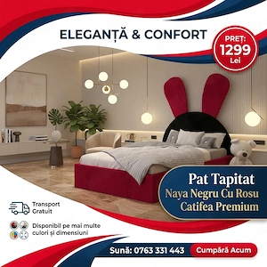 Pat Tapitat Naya Negru Cu Rosu Catifea Premium  Materiale de calitate Set dormitor complet preț bun